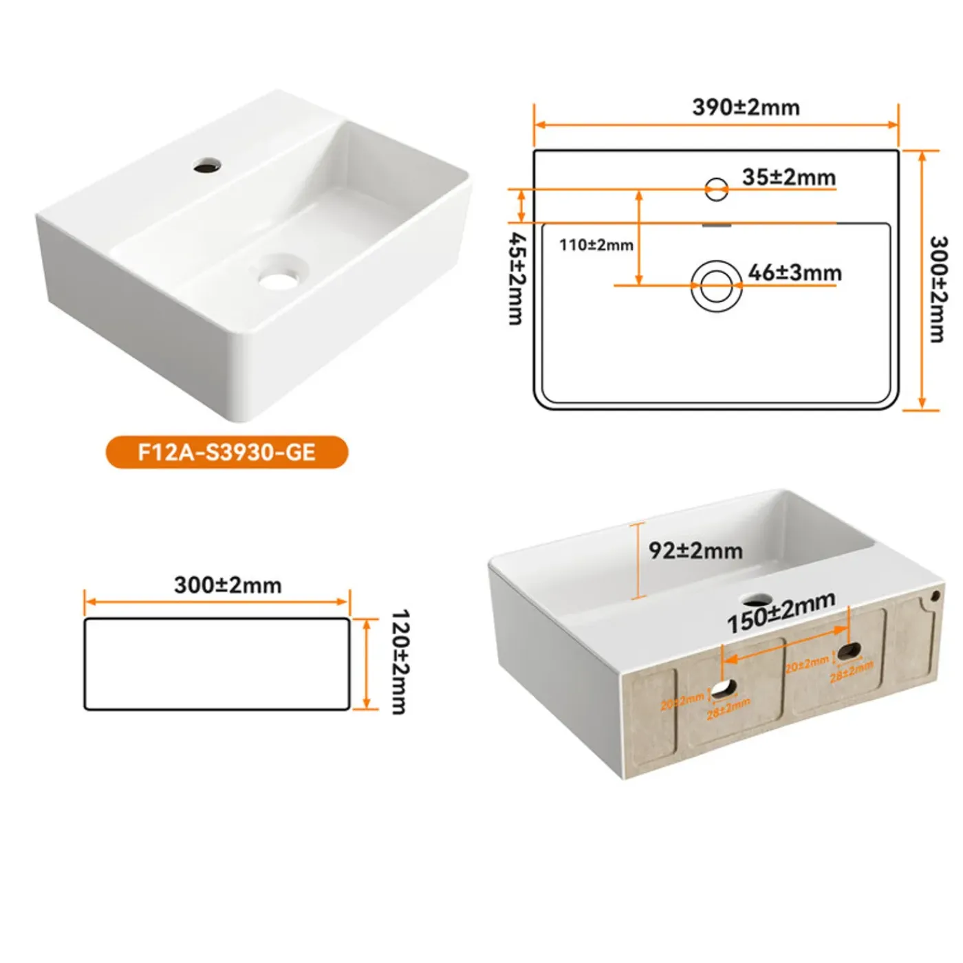 HOROW Keramische Wastafel Wandmontage Glans Wit 39x30 Cm - Toiletfontein - Badkamer