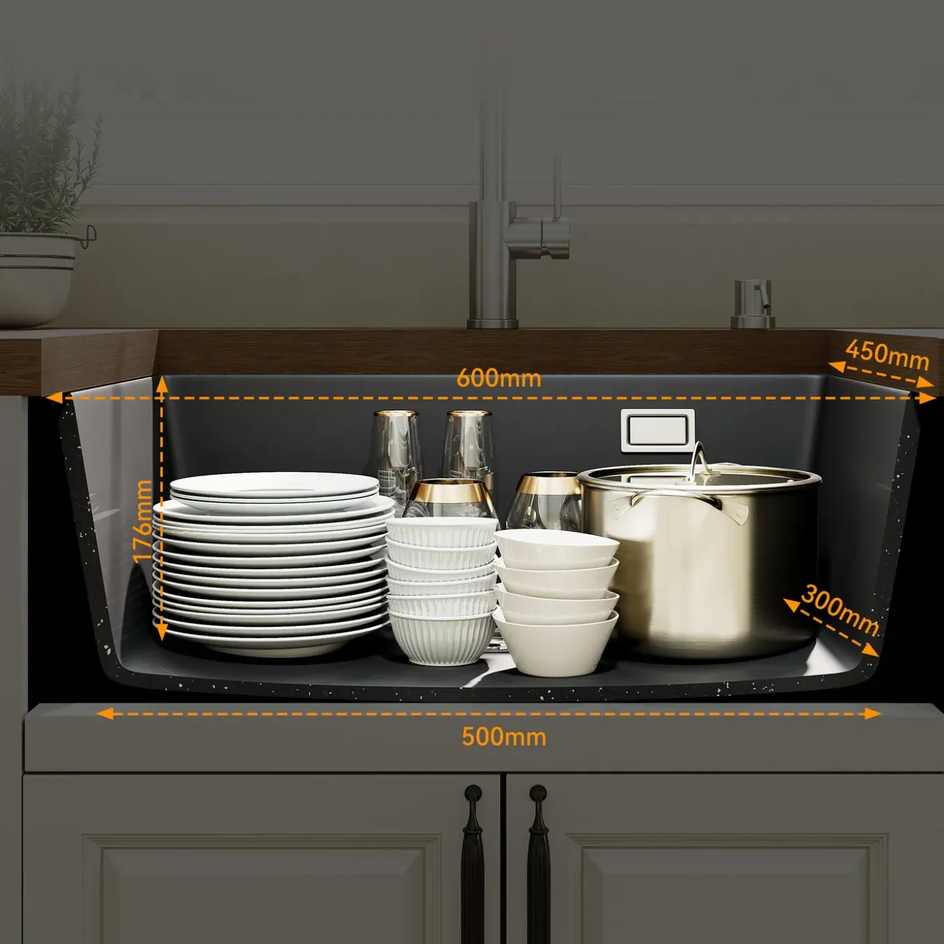 Horow Spoelbak Granieten 60×45 Cm - Zwart- Keukenspoelbak - Met Sifon