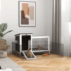 Houten Konijnenhok Met Loopgedeelte - Voor Binnen & Buiten 92x52x67 Cm - Grijs