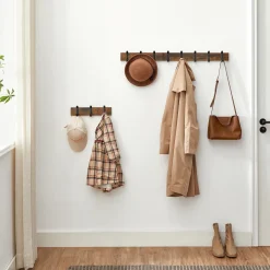Houten Wandkapstok Met 10 Haken - Compacte Muur Kapstok - Industriële Stijl - Vintage Bruin / Zwart