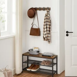Houten Wandkapstok Met 10 Haken - Compacte Muur Kapstok - Industriële Stijl - Vintage Bruin / Zwart