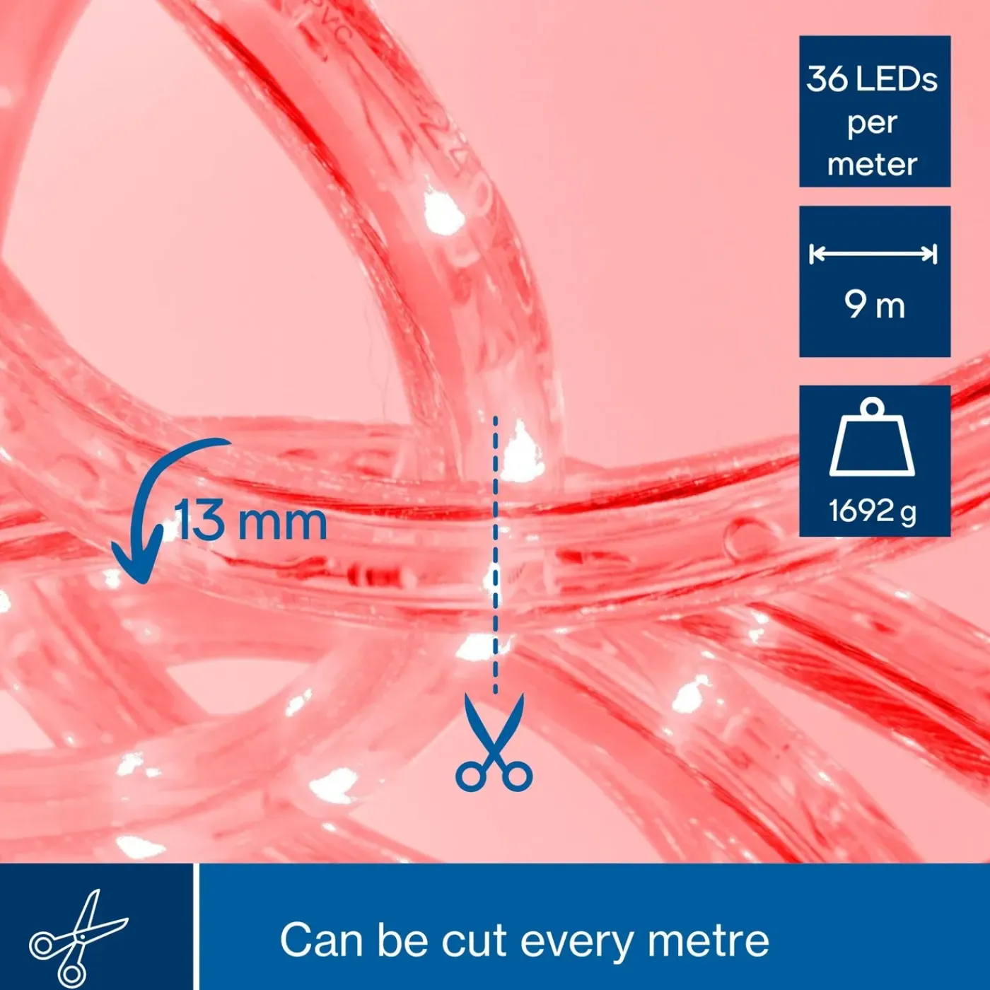 HQ-Power LED Lichtslang 9 M, 36 LEDs Per Meter, Rood