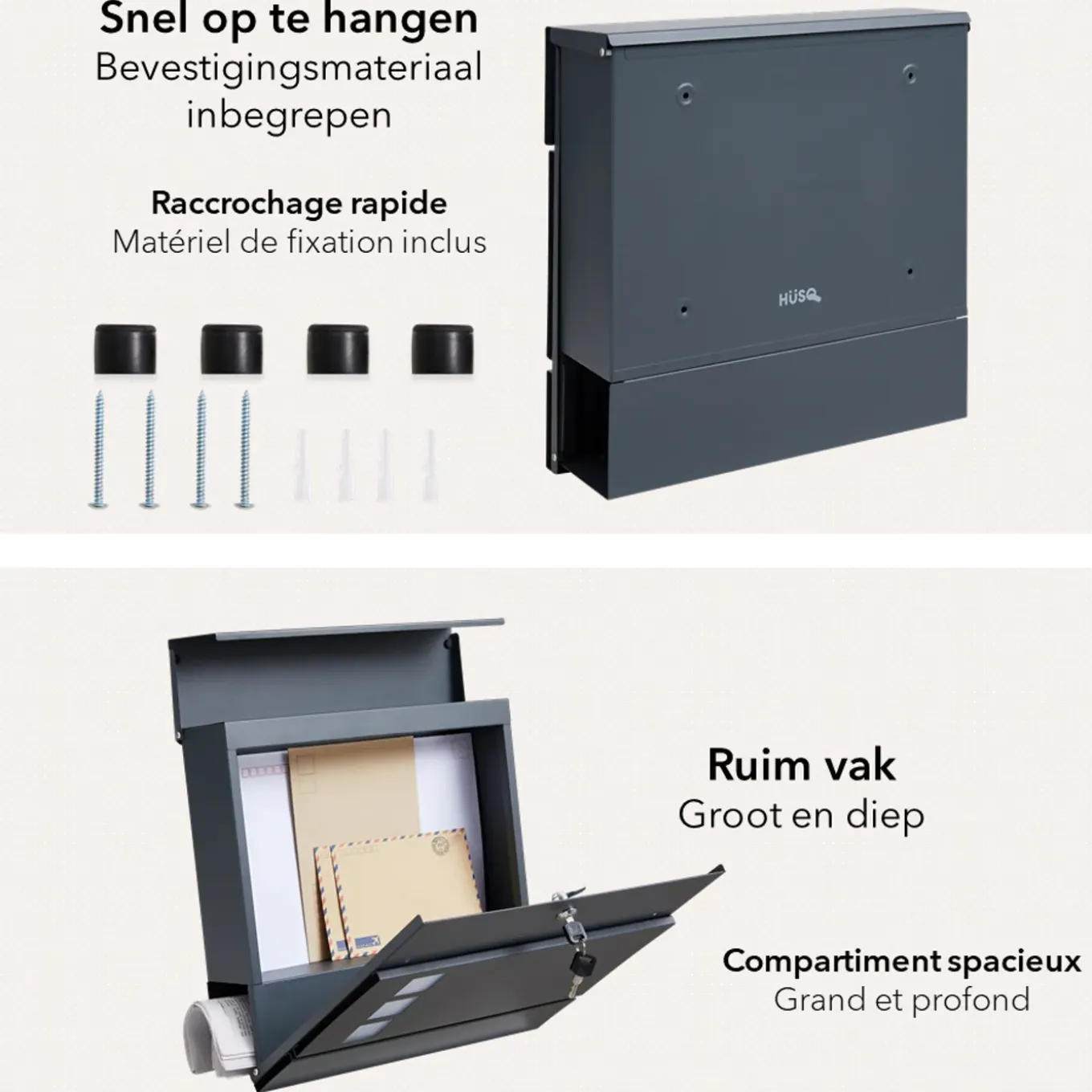 HÜSQ brievenbus - antraciet grijs - met krantenhouder