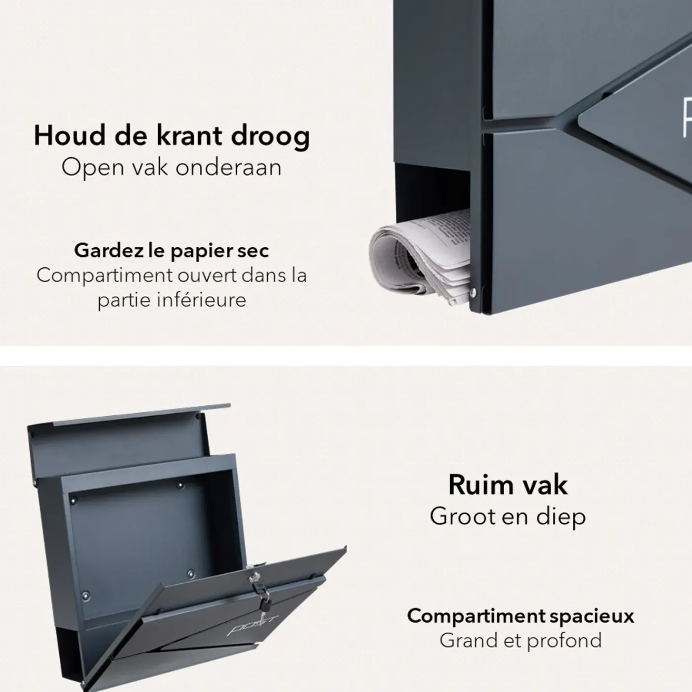 HÜSQ brievenbus - antraciet grijs - met krantenhouder