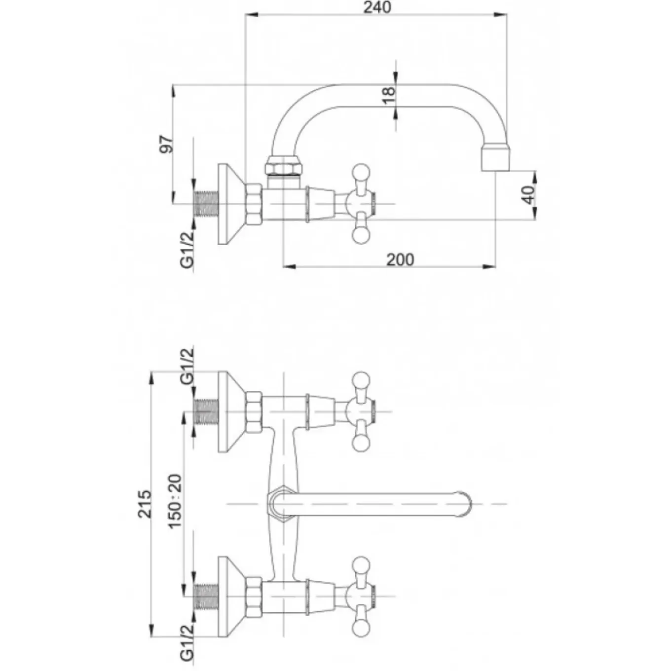 Hydroland Keukenkraan Chroom Wandmontage Kruis Hendels Bovenste Uitloop