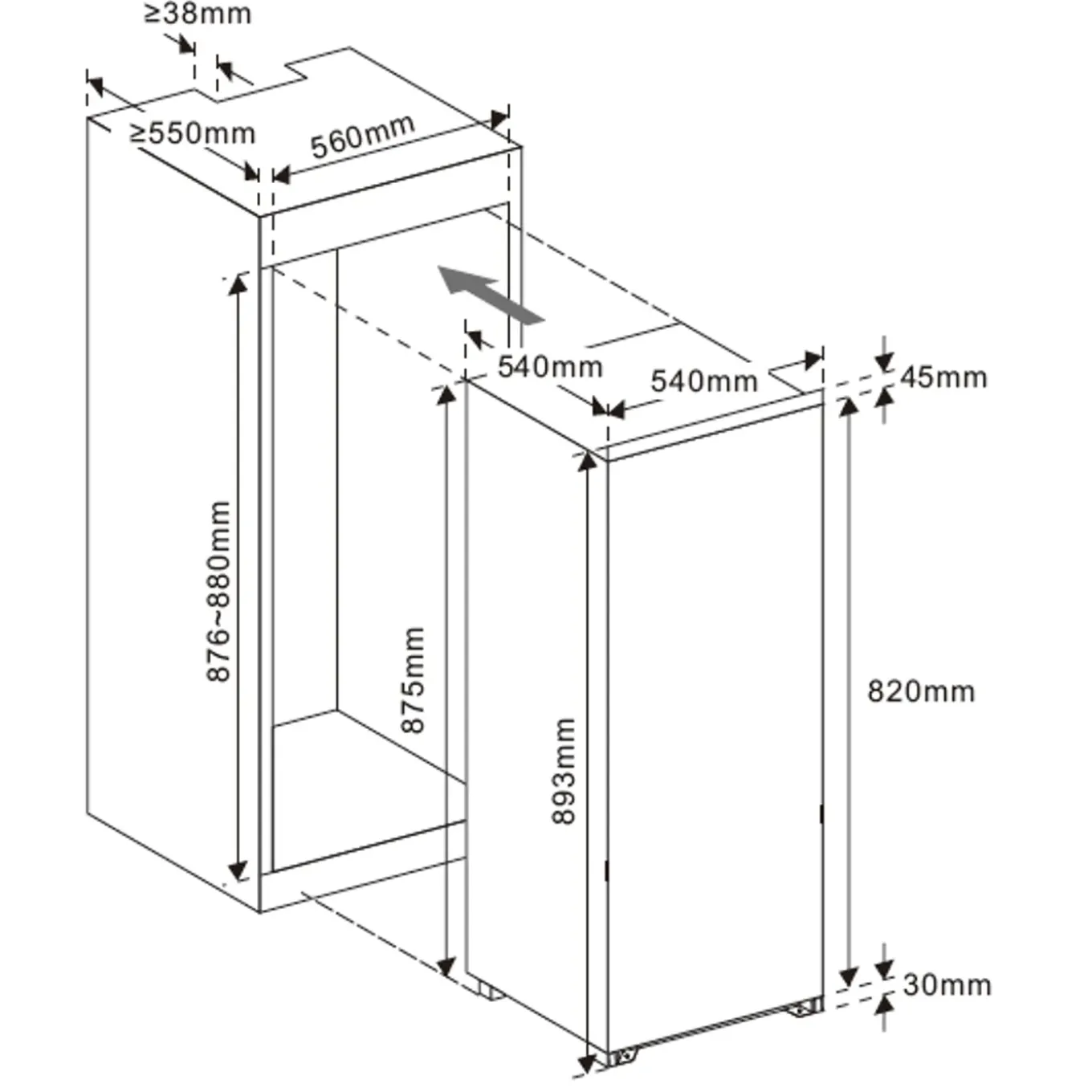 Inbouwkoelkast 88CM CLAI 54S088F001