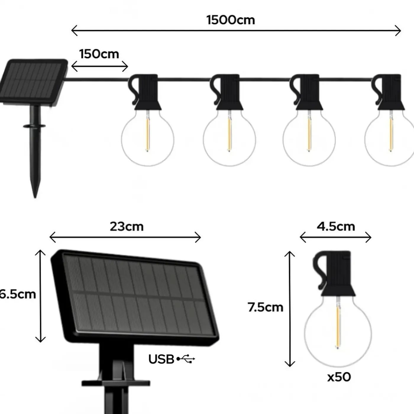 Iplux® Iplux Solar Lichtsnoer Venice 15m - Hoge Kwaliteit Solar Lichtslinger - Brandduur 15 Uur