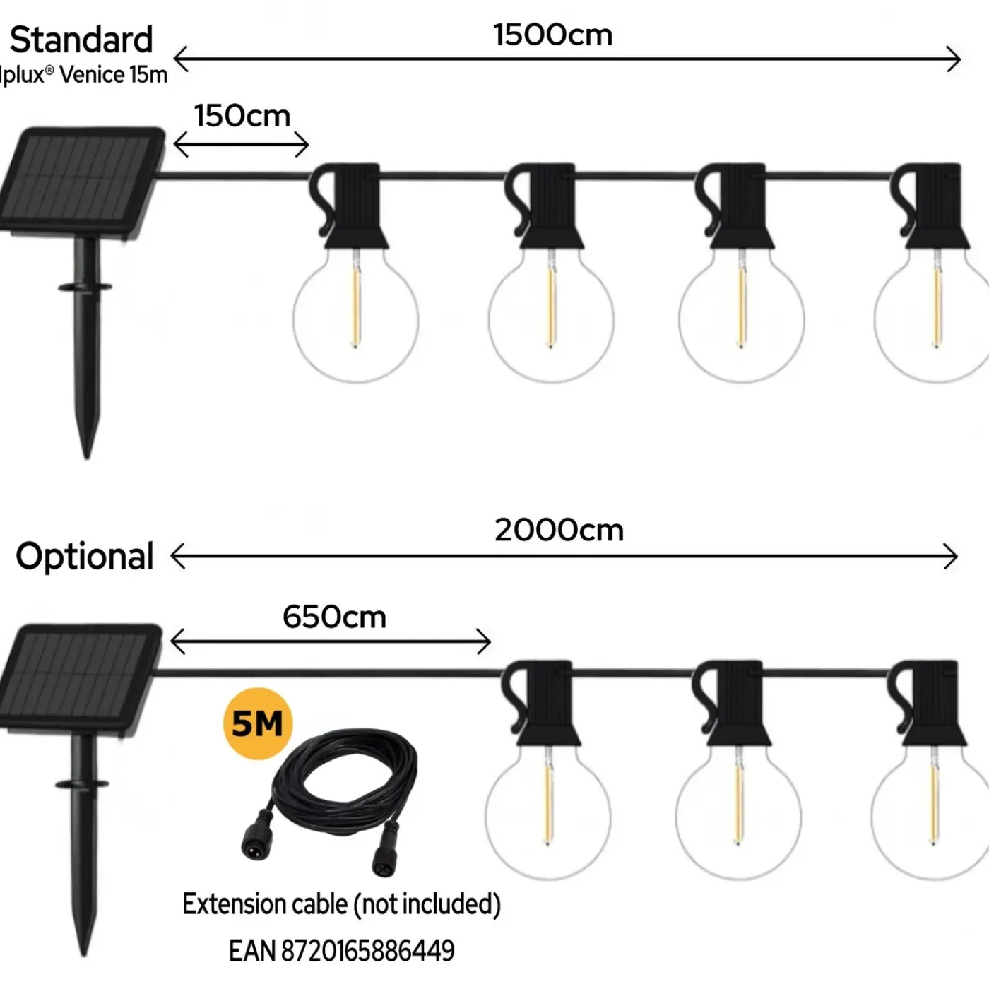 Iplux® Iplux Solar Lichtsnoer Venice 15m - Hoge Kwaliteit Solar Lichtslinger - Brandduur 15 Uur