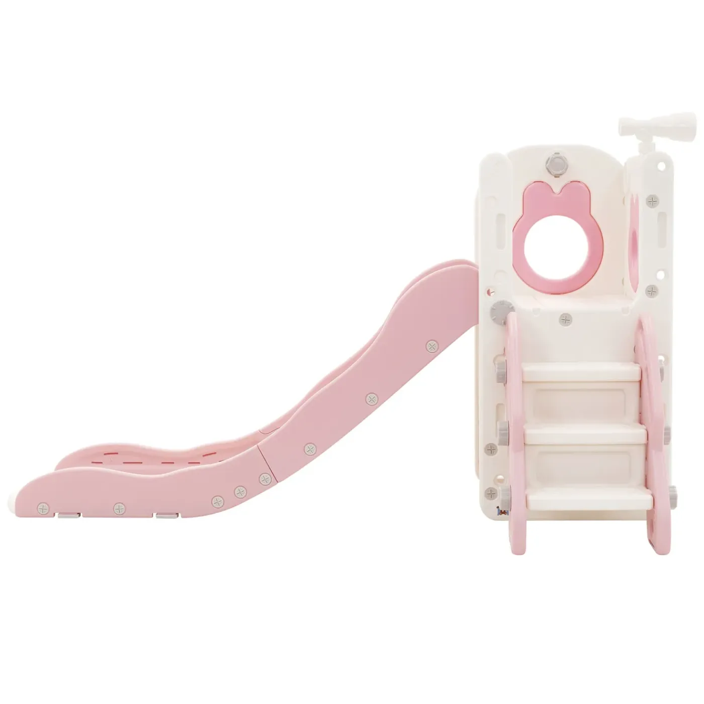 Joyz - Kinderglijbaan Met Speeltoren 5 In 1 - Roze-wit - Basketbalring Trap Telescoop