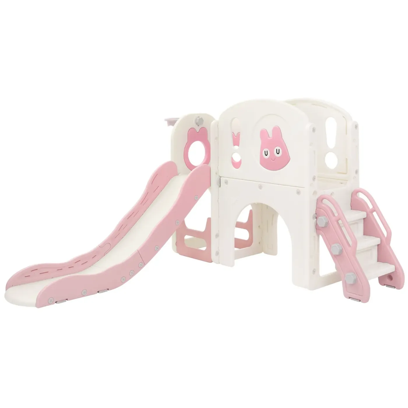 Joyz - Kinderglijbaan Met Speeltoren 5 In 1 - Roze-wit - Basketbalring Trap Telescoop