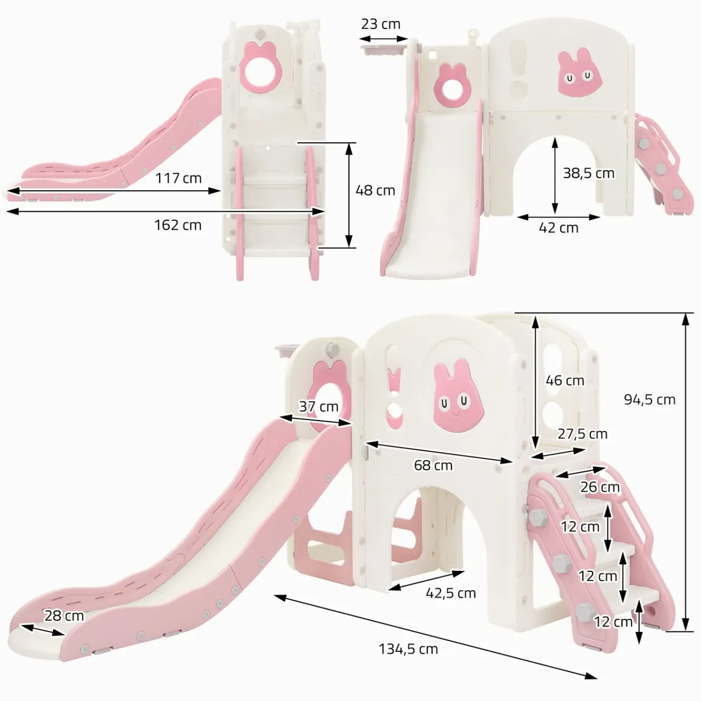 Joyz - Kinderglijbaan Met Speeltoren 5 In 1 - Roze-wit - Basketbalring Trap Telescoop