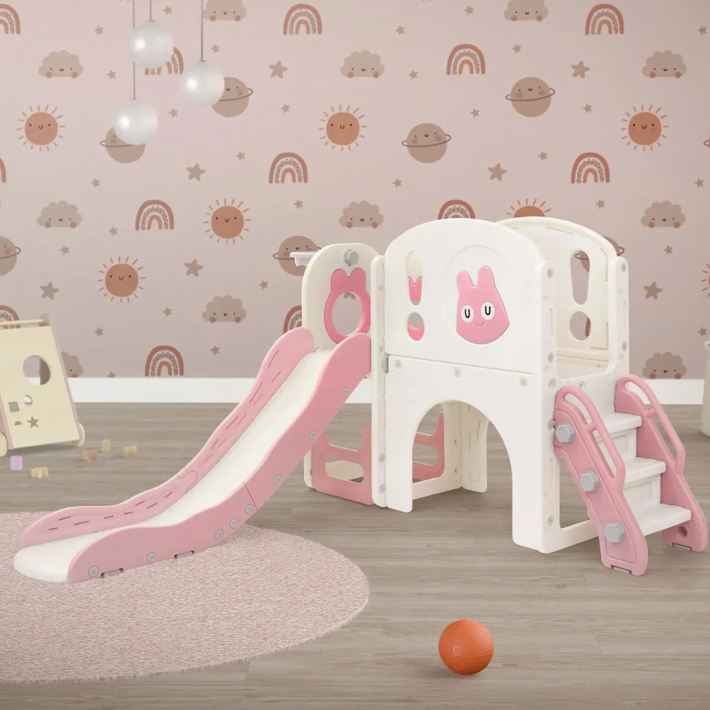 Joyz - Kinderglijbaan Met Speeltoren 5 In 1 - Roze-wit - Basketbalring Trap Telescoop