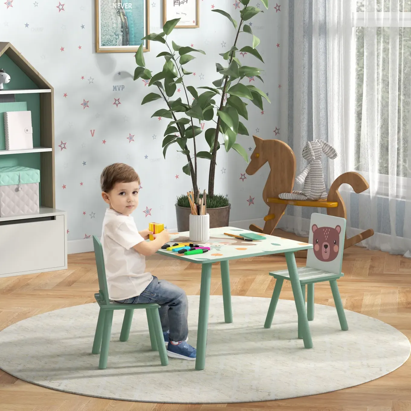 Kinderspeelgroep 3-8 Jaar - 1 Tafel En 2 Stoelen - Dierenmotief - Groen