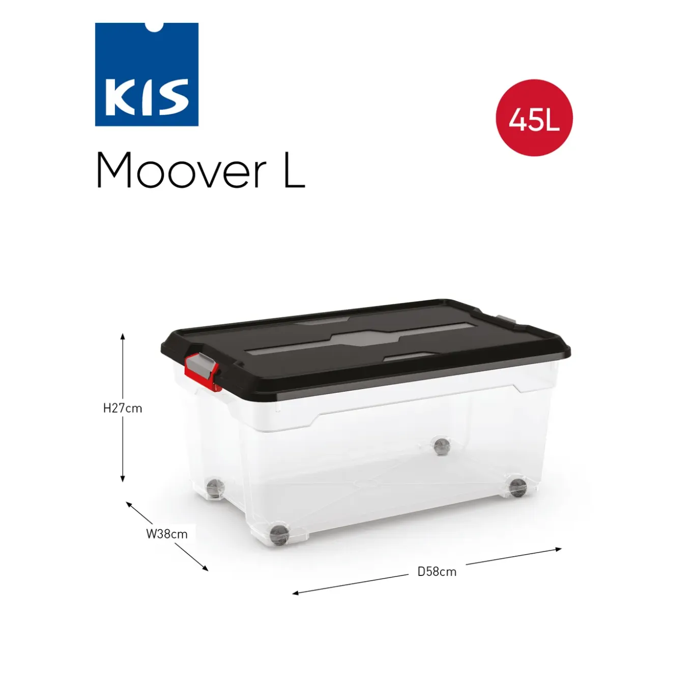 Kis Moover box L met wielen transparant zwart 45L