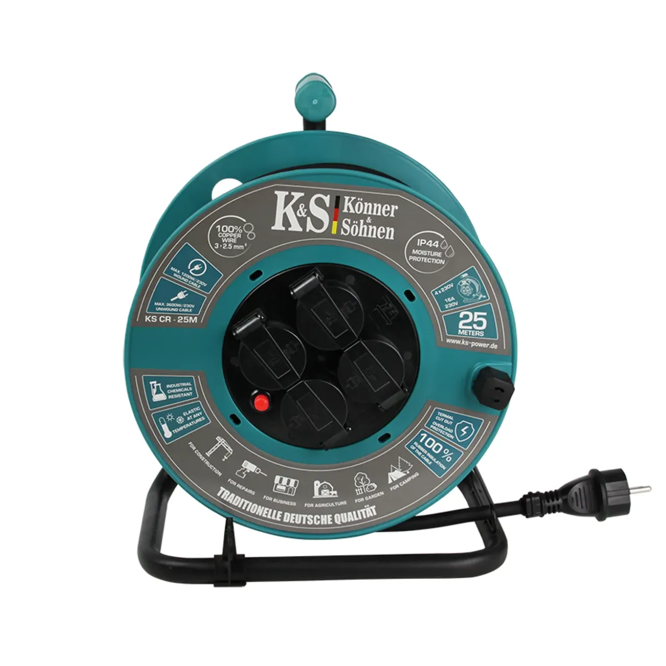 Könner & Söhnen Kabelhaspel Ks Cr-25m, 25 M 3x2,5mm², 3g2,5, 4 Stopcontacten, Ip44, H07rn-f, 3600 W