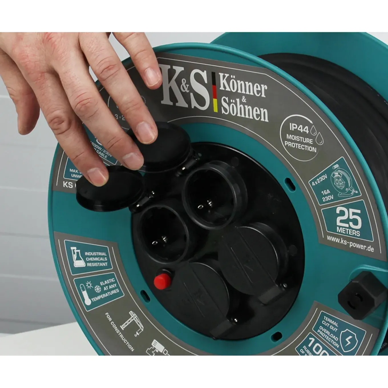 Könner & Söhnen Kabelhaspel Ks Cr-25m, 25 M 3x2,5mm², 3g2,5, 4 Stopcontacten, Ip44, H07rn-f, 3600 W