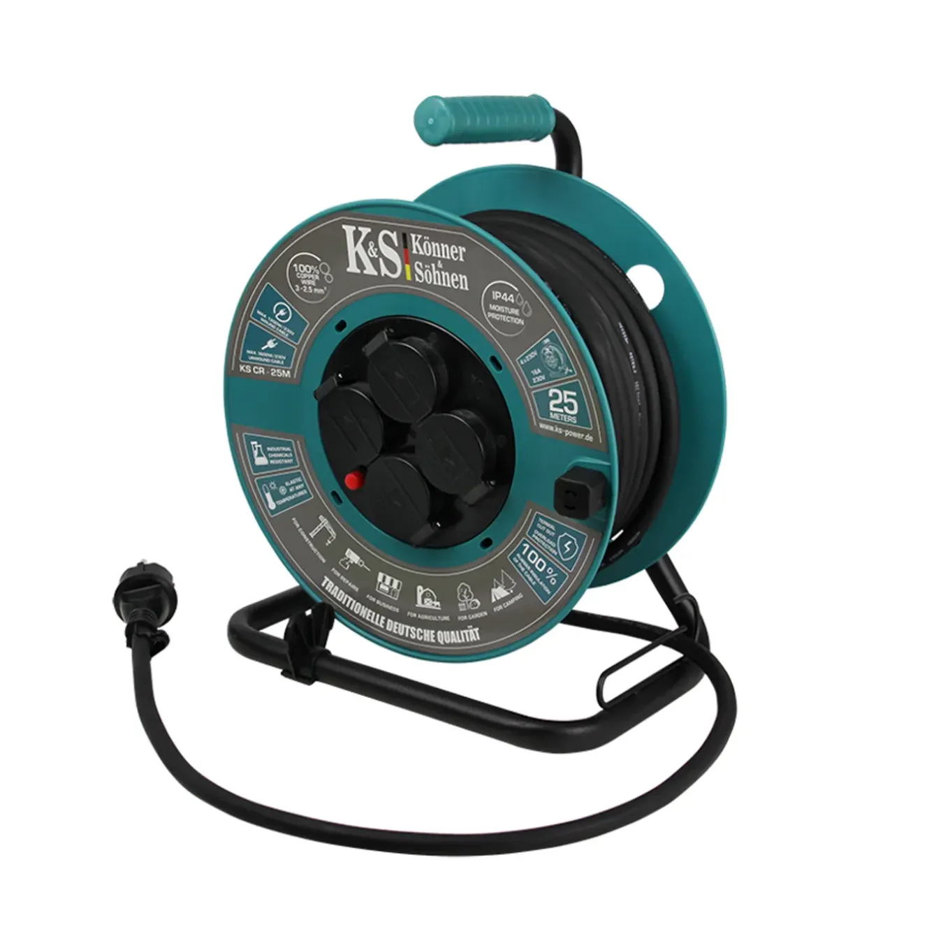Könner & Söhnen Kabelhaspel Ks Cr-25m, 25 M 3x2,5mm², 3g2,5, 4 Stopcontacten, Ip44, H07rn-f, 3600 W