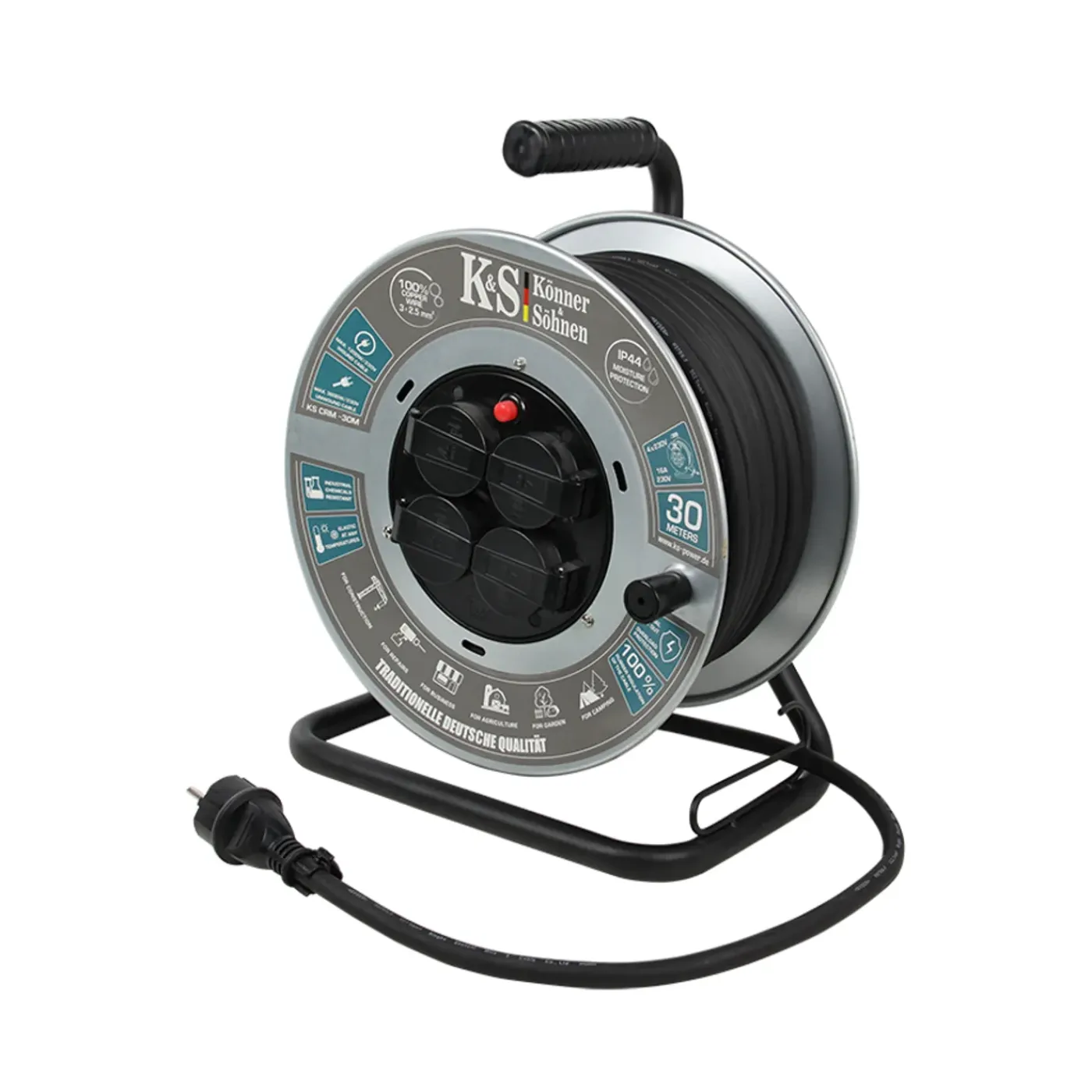 Könner & Söhnen Kabelhaspel Ks Crm-30m, 30 M 3x2,5mm², 3g2,5, 4 Stopcontacten, Ip44, H07rn-f, 3600 W