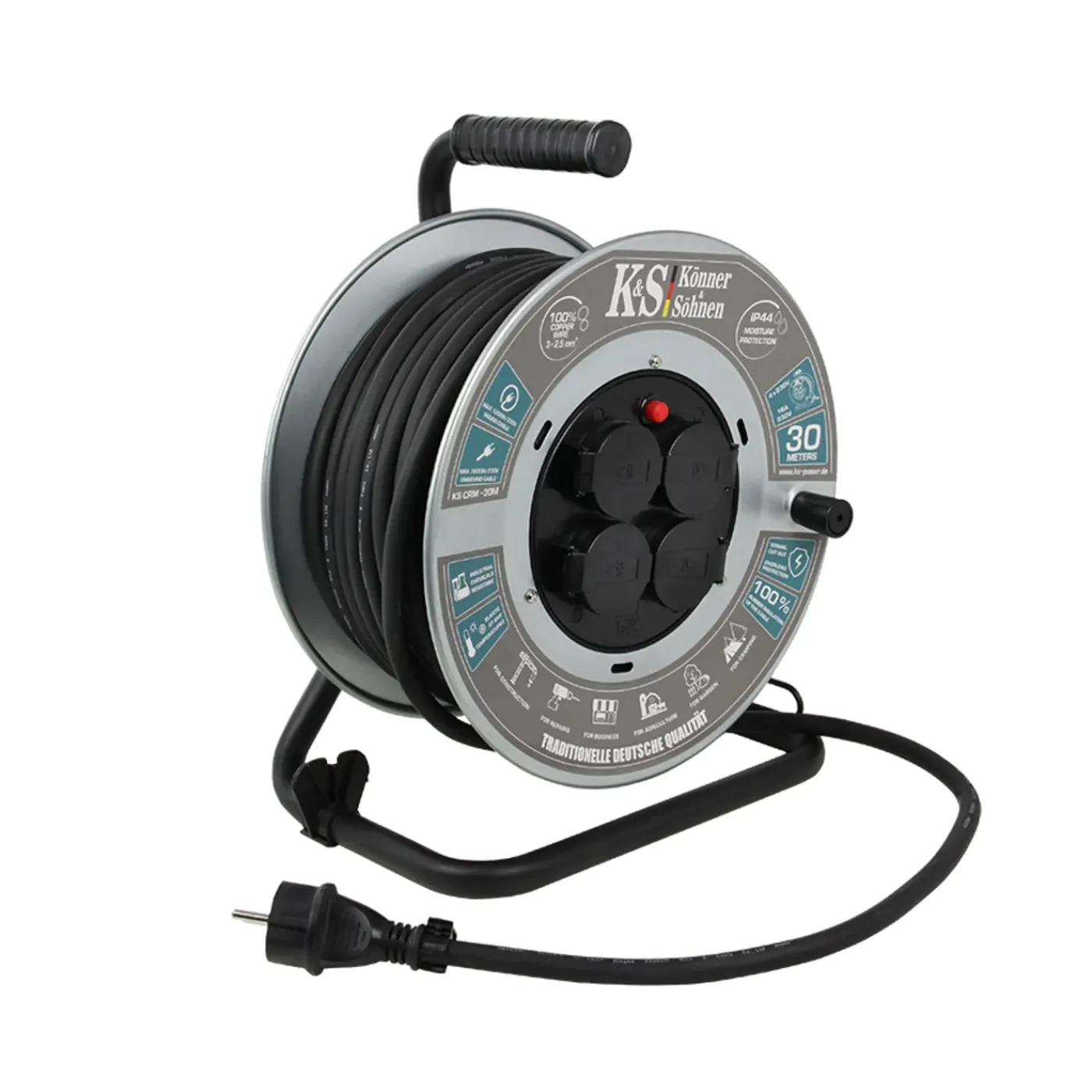 Könner & Söhnen Kabelhaspel Ks Crm-30m, 30 M 3x2,5mm², 3g2,5, 4 Stopcontacten, Ip44, H07rn-f, 3600 W