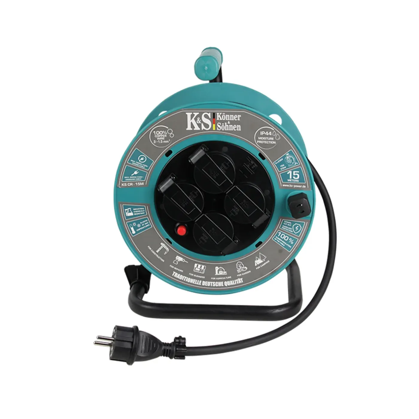 Könner & Söhnen Kabelhaspel Ks Cr-15m, 15 M 3x1,5mm², 3g1,5, 4 Stopcontacten, Ip44, H07rn-f, 3000 W