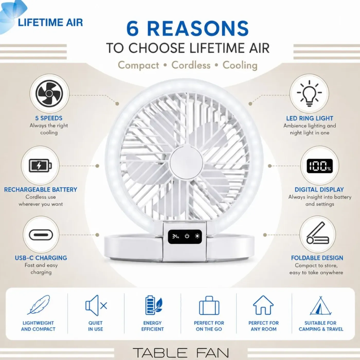 Lifetime Air Tafelventilator Oplaadbaar 1200mah