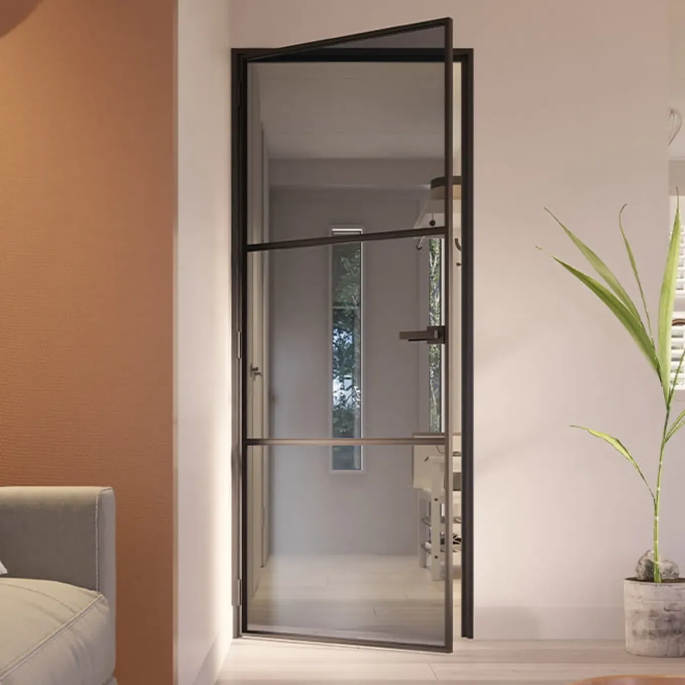 Loftdeur Stalen Scharnierdeur Slimline 3-vaks 211,5 X 83 Cm Klinksluiting Linksdraaiend Rookglas