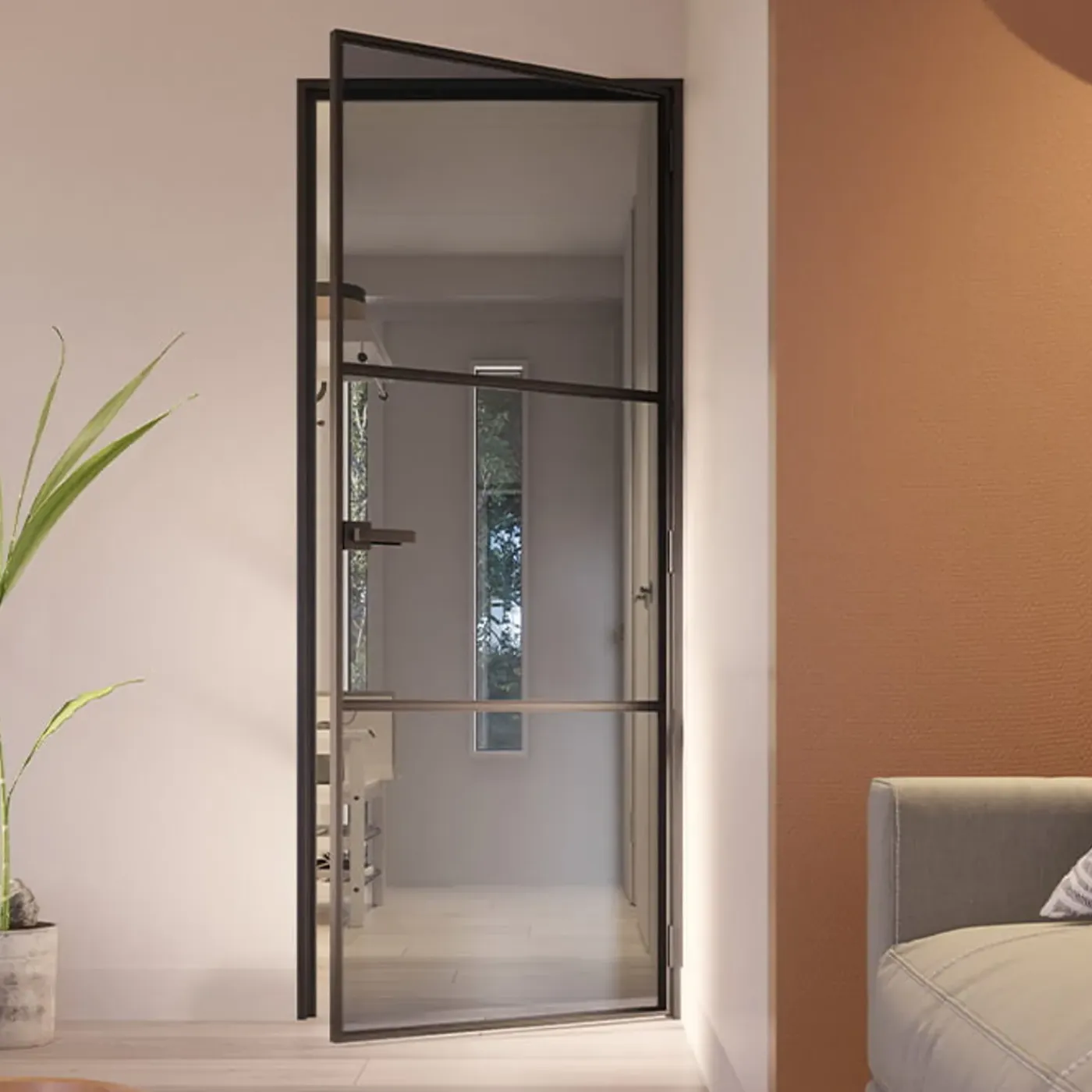 Loftdeur Stalen Scharnierdeur Slimline 3-vaks 211,5 X 83 Cm Klinksluiting Rechtsdraaiend Rookglas