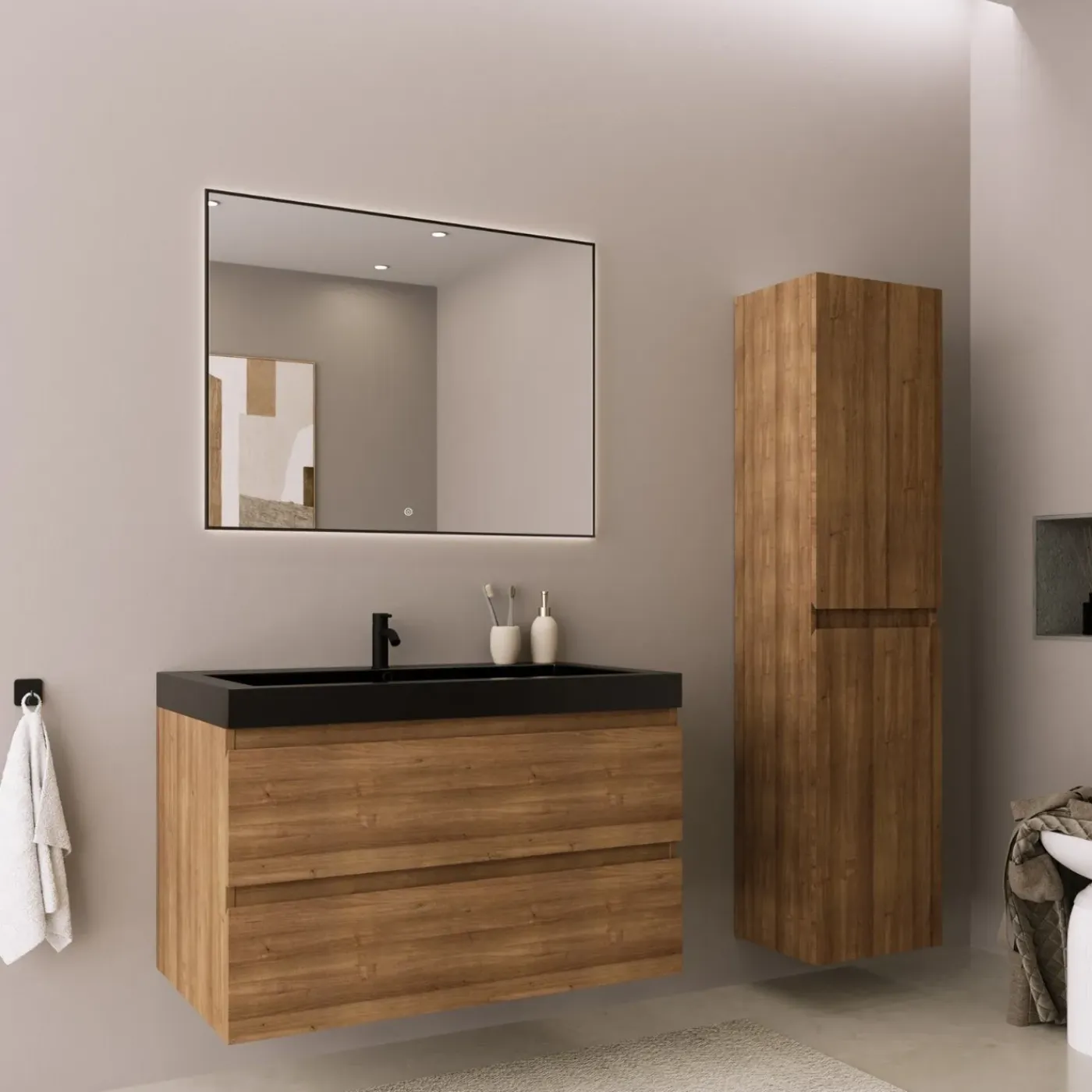 LOMAZOO Badkamermeubel Monaco Warm Eiken - Wastafel Zwart - 80cm