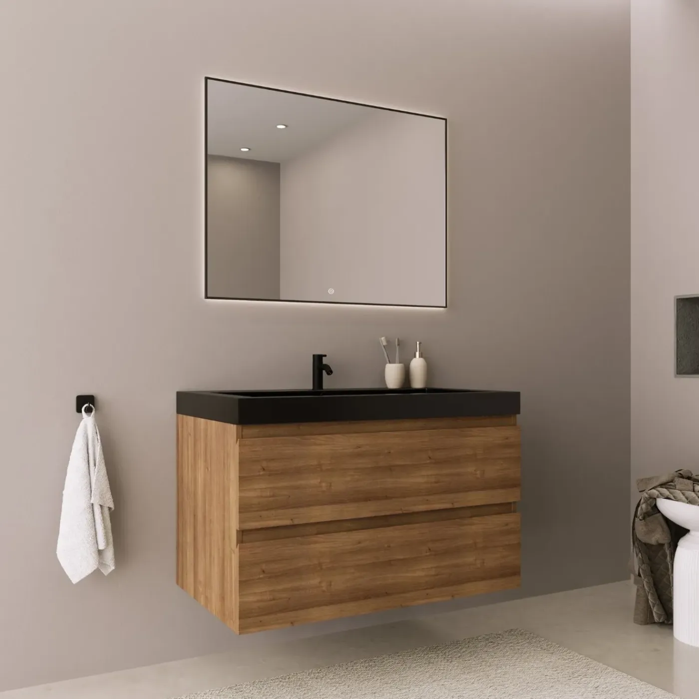 LOMAZOO Badkamermeubel Monaco Warm Eiken - Wastafel Zwart - 80cm