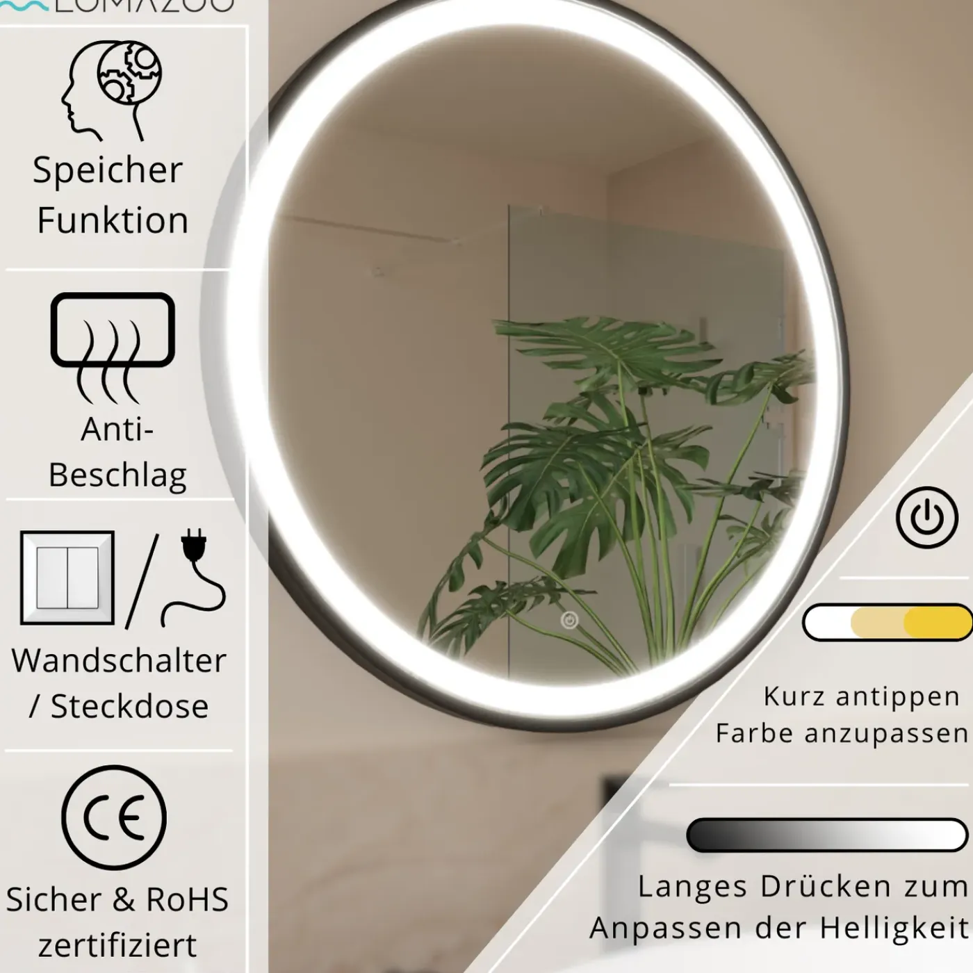 LOMAZOO Badkamerspiegel Milano Led Verlichting 80 Cm Rond Zwart