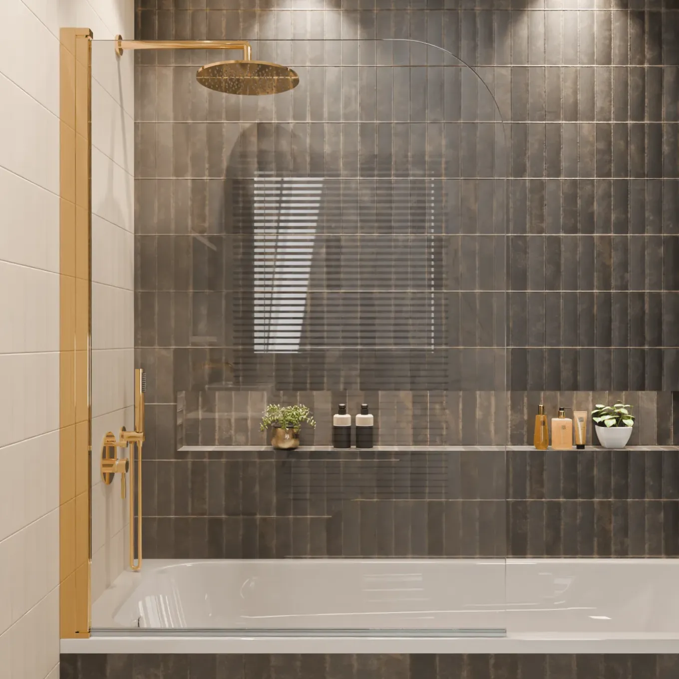 Lomazoo Badwand Palmas -100x140cm - Goud - Nano Coating Anti-kalk - 2delig - Draaibaar - Helder Glas