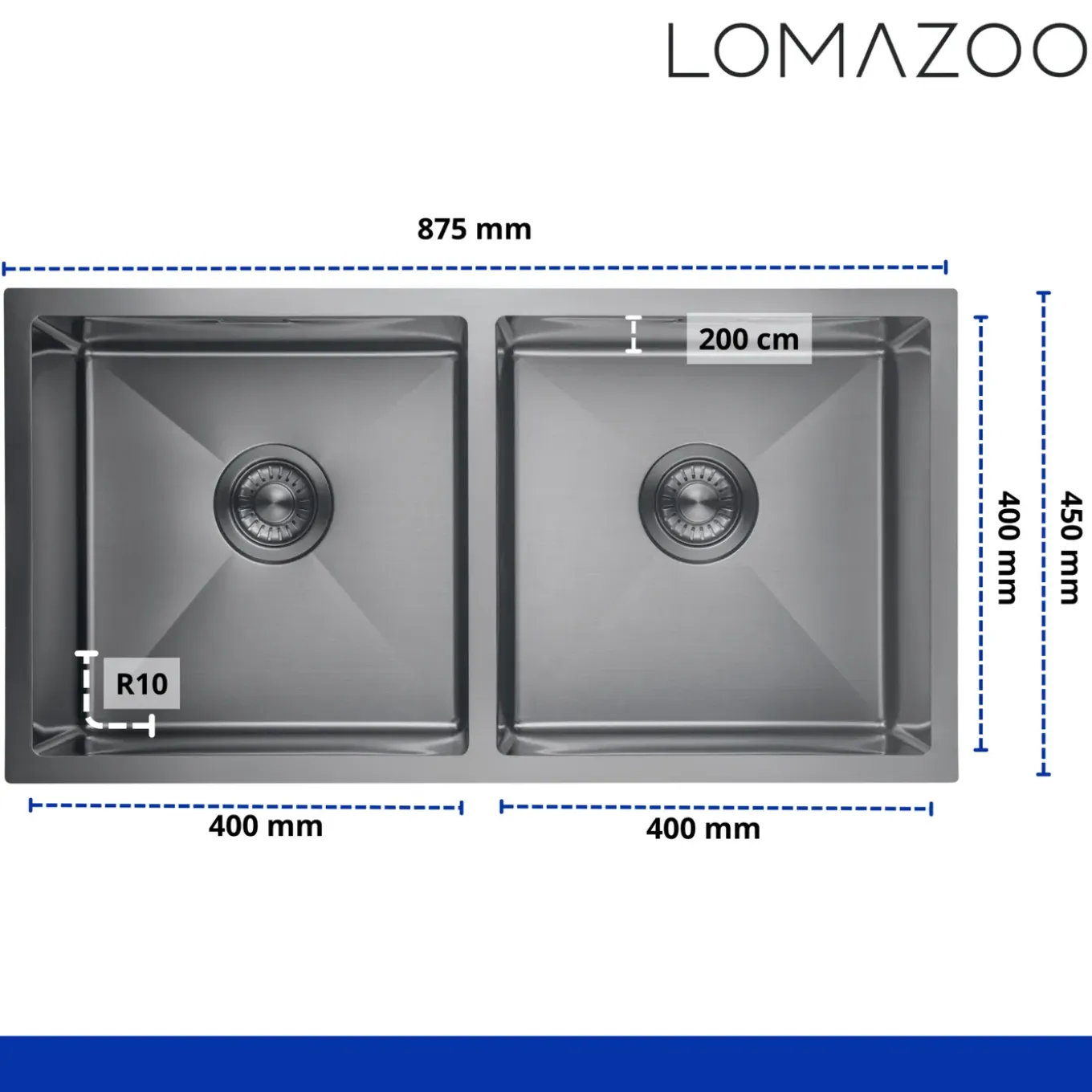 Lomazoo Dubbele Spoelbak Galaxy Rvs Gun Metal 875x450 Mm