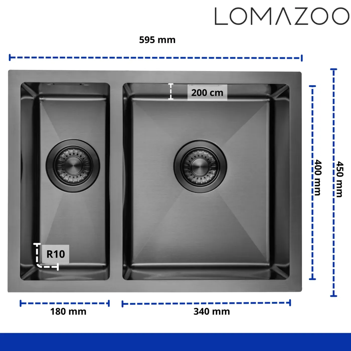 LOMAZOO Dubbele Spoelbak Galaxy Rvs Gun Metal 595x450 Mm