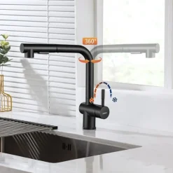 LONHEO Zwarte 7-vormige Keukenkraan Uittrekbare Handdouche Roestvrij Staal