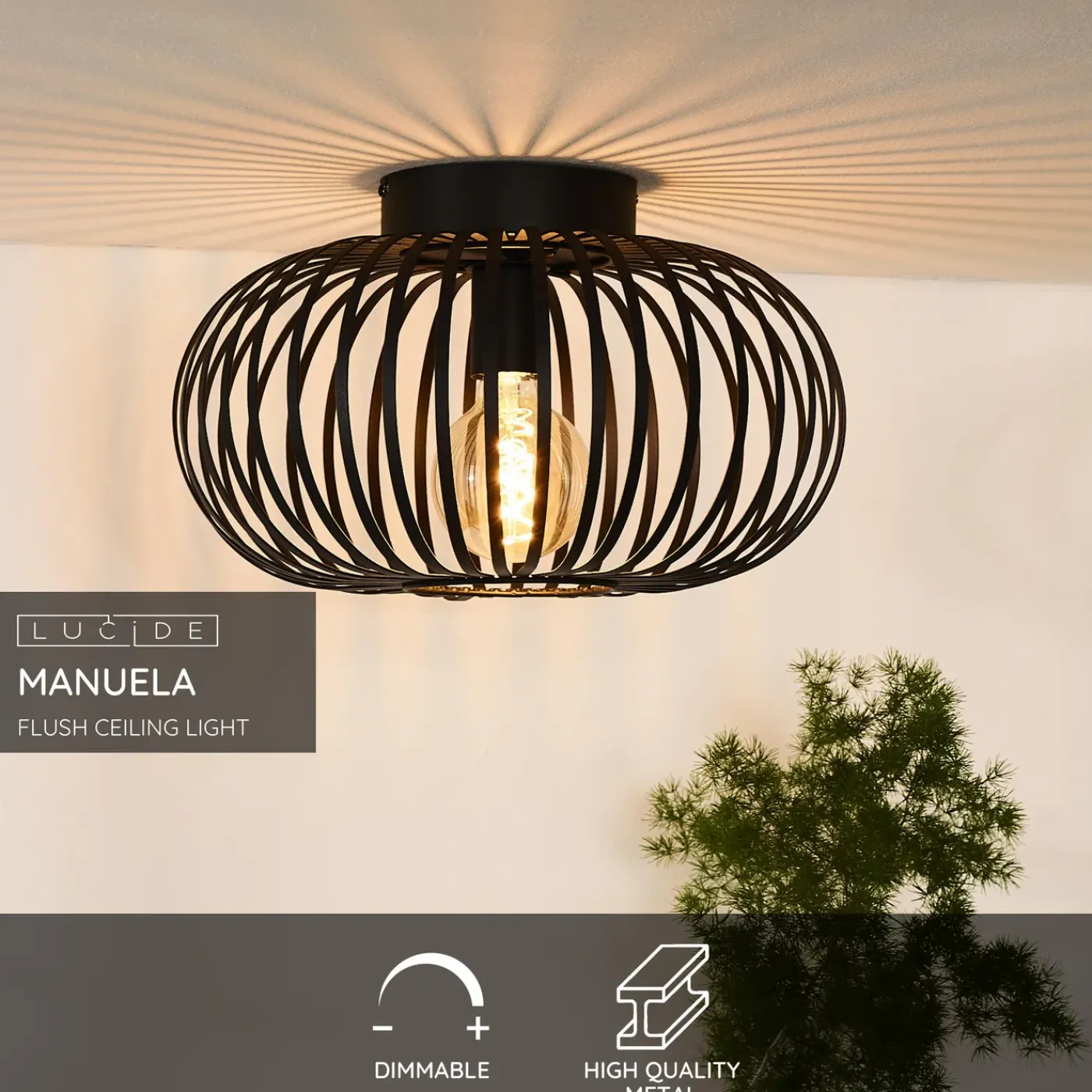 Lucide Plafondlamp Manuela - Zwart - 40cm - E27