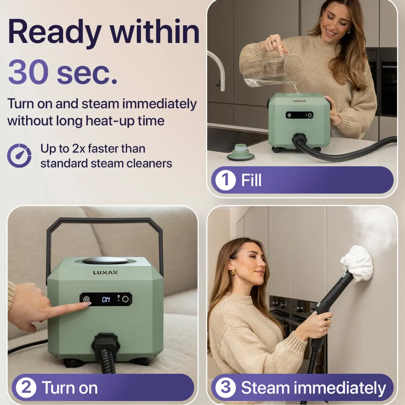 Luman Stoomreiniger Max – 2600w – 4,3 Bar – 60 Min Stoomtijd – Handstoomreiniger & Tapijtreiniger
