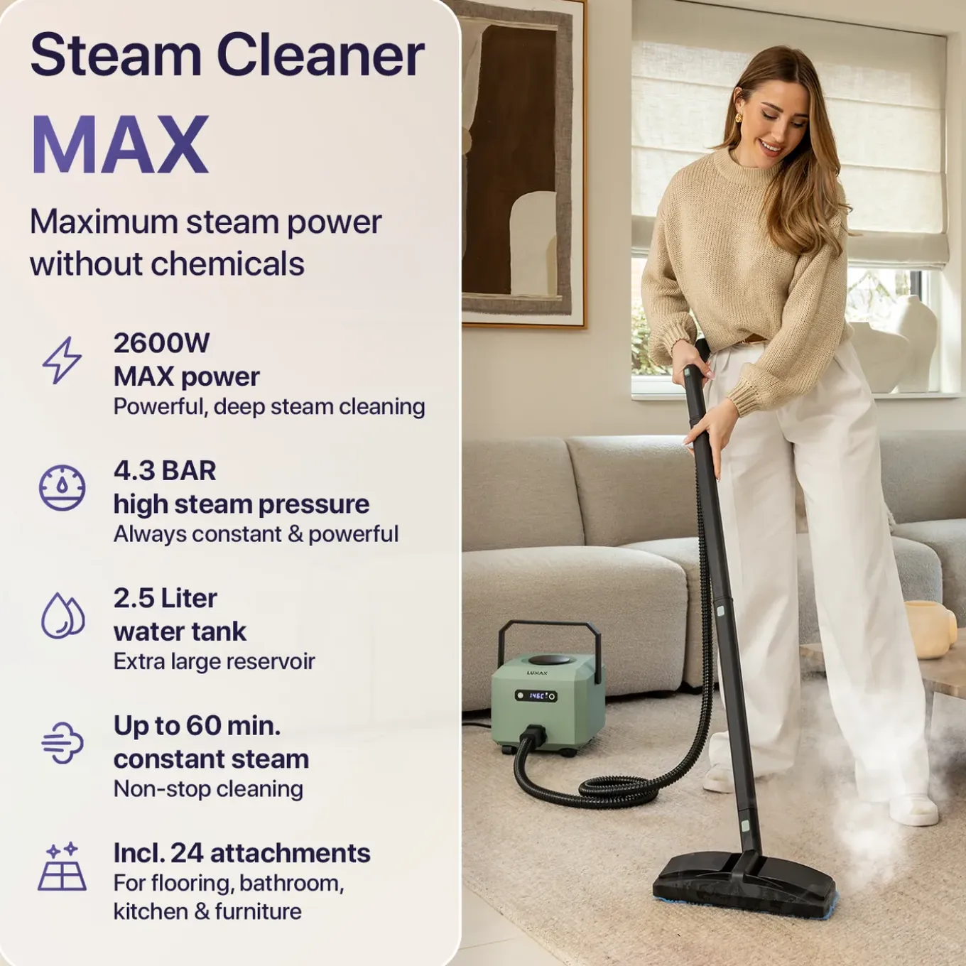 Luman Stoomreiniger Max – 2600w – 4,3 Bar – 60 Min Stoomtijd – Handstoomreiniger & Tapijtreiniger