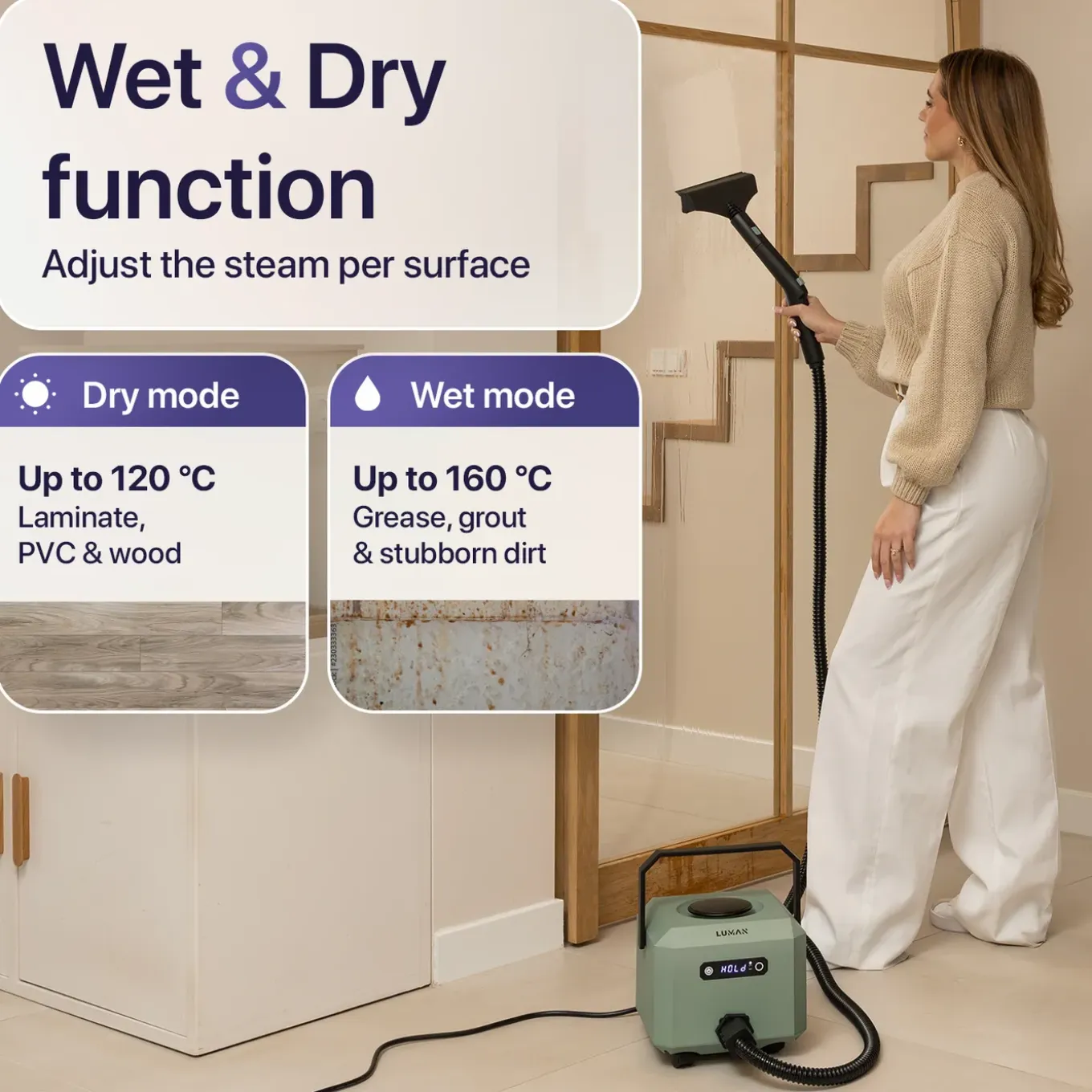 Luman Stoomreiniger Max – 2600w – 4,3 Bar – 60 Min Stoomtijd – Handstoomreiniger & Tapijtreiniger