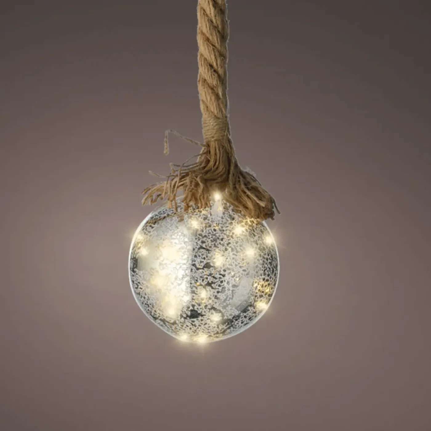 Lumineo Verlichte Kerstbal - Glas - Touw -10 Cm - Zilver -15 Leds