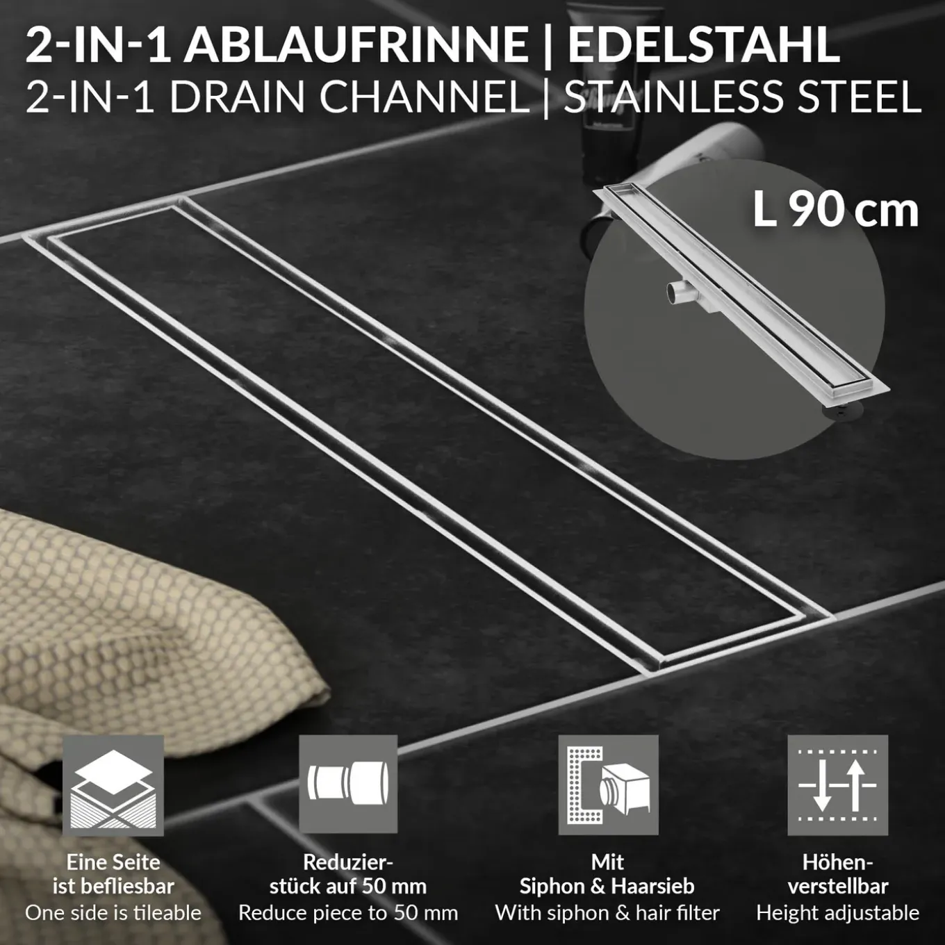 LuxeBath 90 cm 2in1 Douchegoot, Zilver, Roestvrij Staal