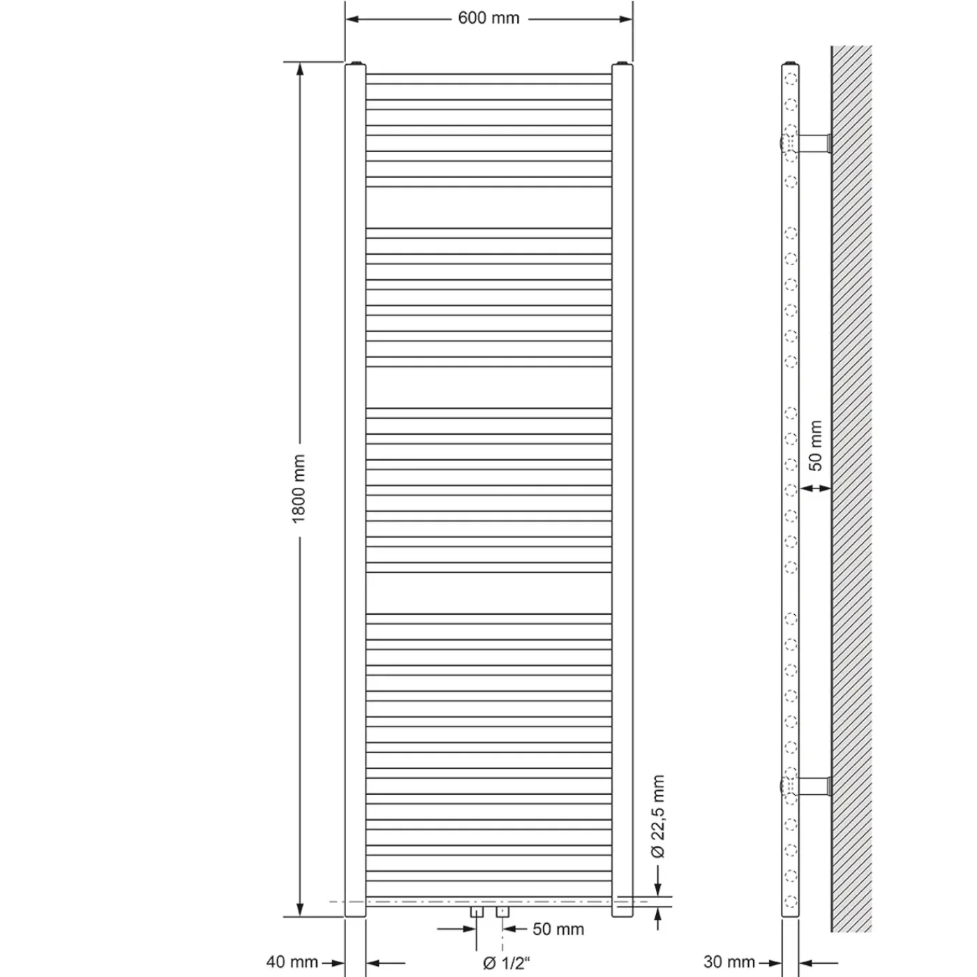 LuxeBath Sahara Badkamer Radiator 600x1800 Mm, Wit, Recht Met Centrale Aansluiting
