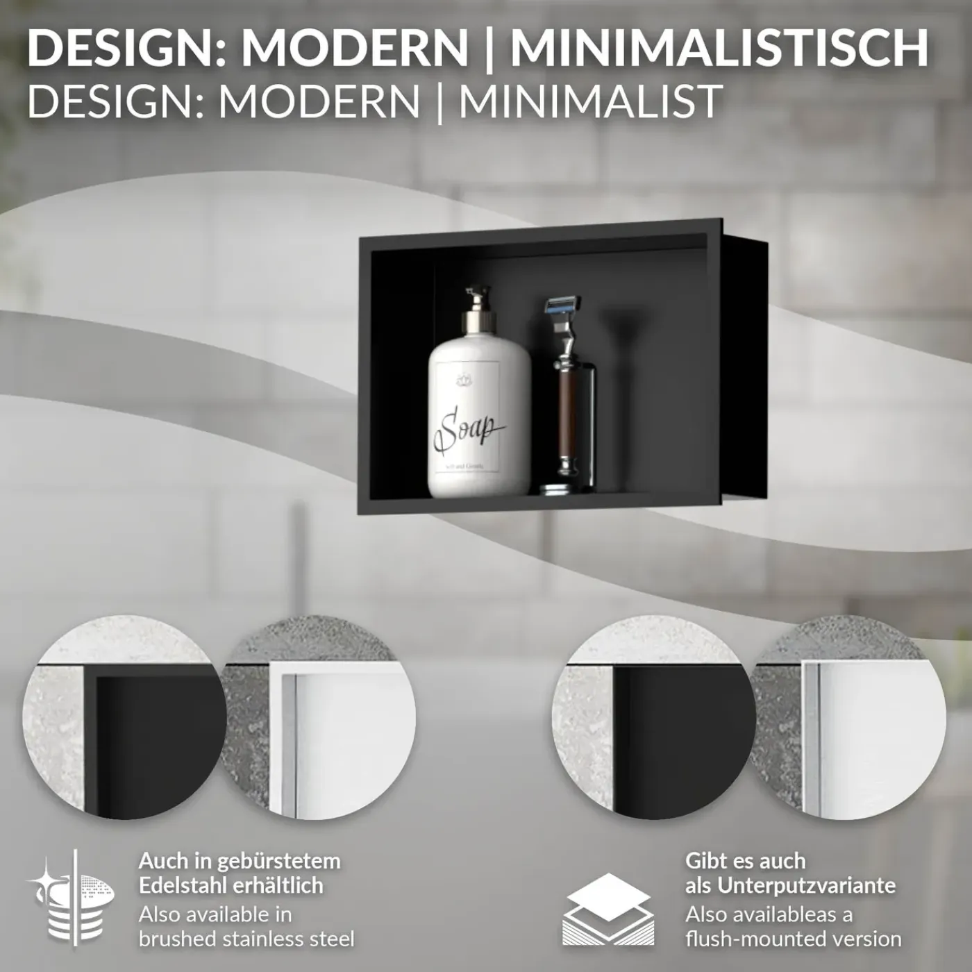 LuxeBath wandgemonteerde douchecabine, 20x30x10 cm, roestvrij staal, zwart