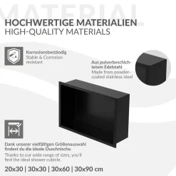 LuxeBath wandgemonteerde douchecabine, 20x30x10 cm, roestvrij staal, zwart