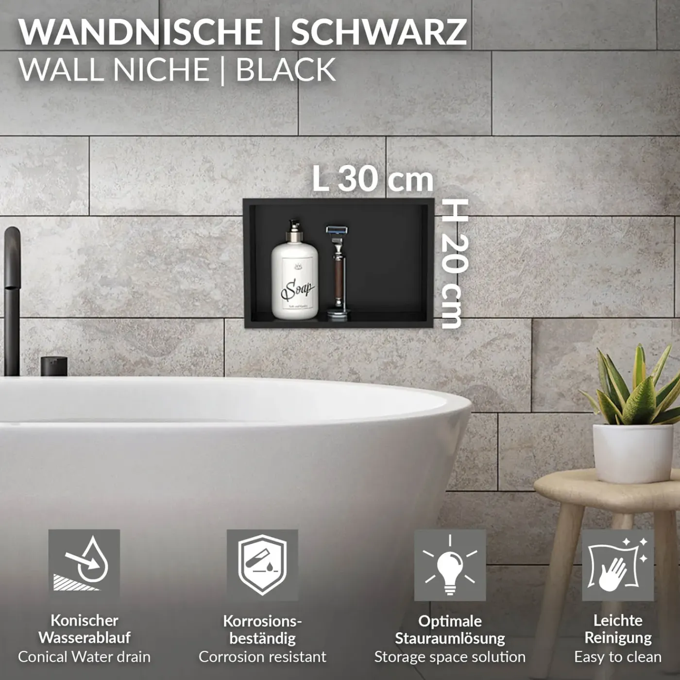 LuxeBath wandgemonteerde douchecabine, 20x30x10 cm, roestvrij staal, zwart