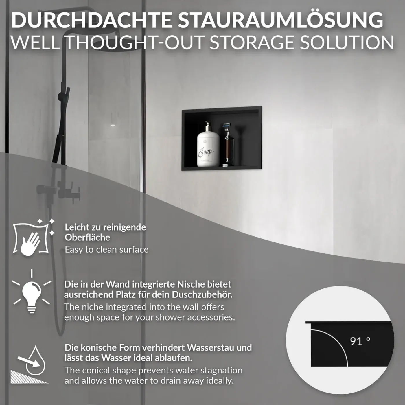 LuxeBath wandgemonteerde douchecabine, 20x30x10 cm, roestvrij staal, zwart