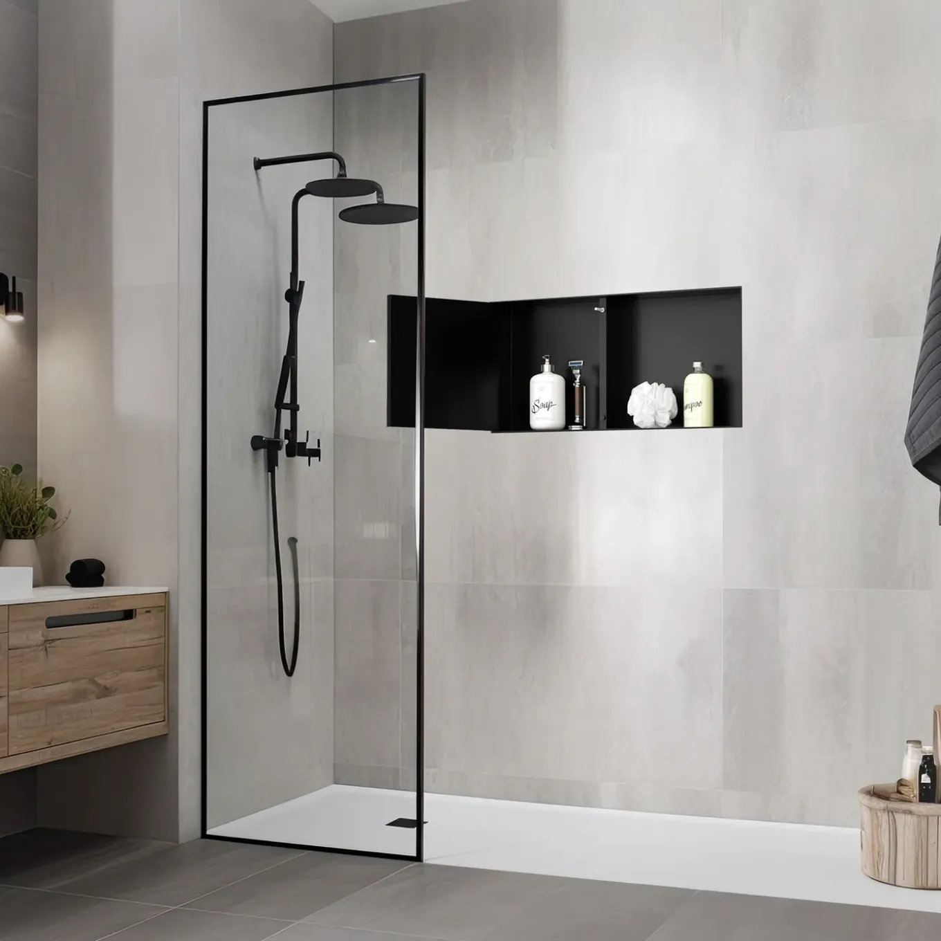 Luxebath Wandnis Douche Roestvrij Staal 25,5x55,5x10 Cm Zwart Met Deur En Plank
