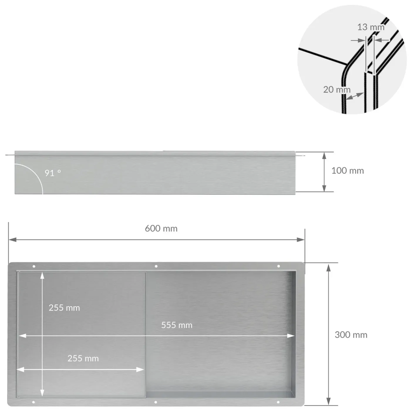LuxeBath Wandnis Douche Roestvrij Staal 25,5x55,5x10 Cm Zilver Met Deur En Plank