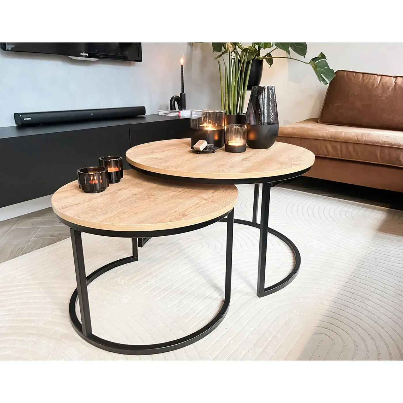MaximaVida Ronde Salontafel Set Kiev Xl 75 Cm - Rustiek Eikenhout Fineer