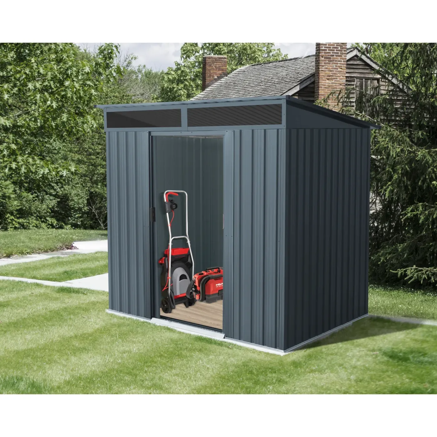 Overig Metalen Tuinhuis Lüttich - Antraciet Mat - 195x151cm - Dubbele Deur - met Lessenaarsdak