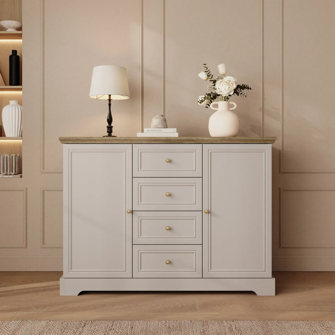 Meubella Dressoir Kresto - Beige/eikenpatroon - 150x38x85 Cm